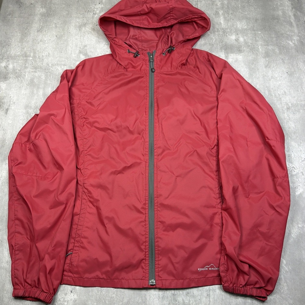 Eddie Bauer Jackets Womens L Coat Rain Red Full Zip Long Sleeve Pockets Rip Stop